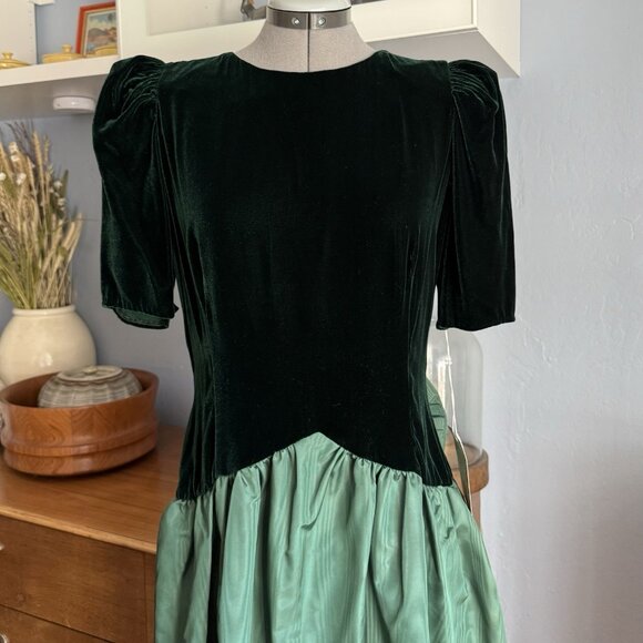 Vtg 80s Jane Schaffhausen Belle France Green Velvet & Taffeta Midi Dress Bk Bow - Picture 5 of 8